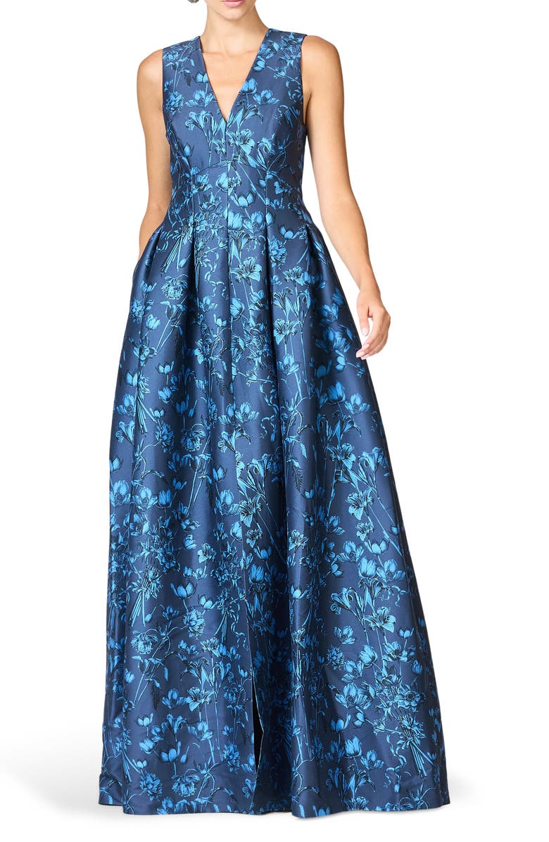 Sachin & Babi Brooke Floral Sleeveless Empire Waist Mikado Gown, Alternate, color, Mystic Blue Garden