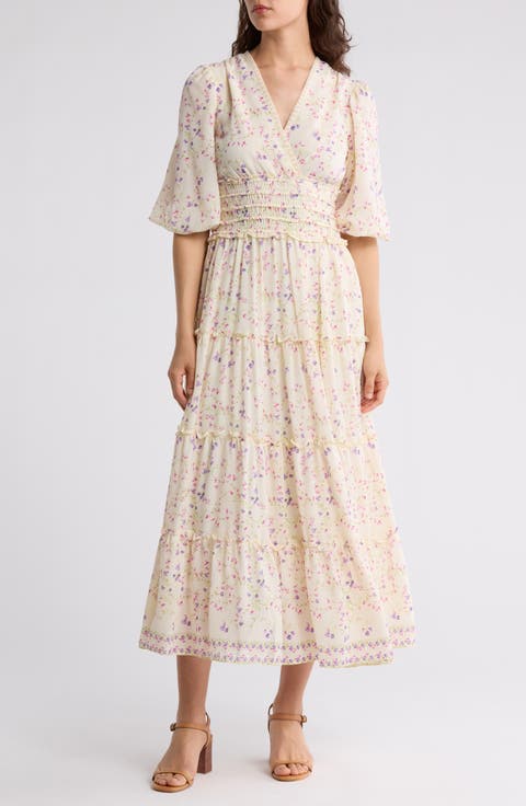 Floral Balloon Sleeve Tiered Maxi Dress