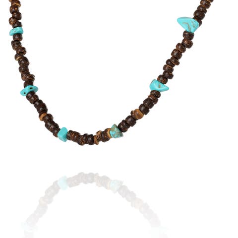 Men's Wood & Turquoise Beaded 22 Necklace, Rustic Brown with Blue Chips