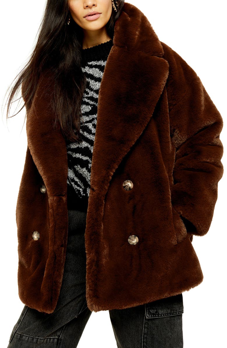 Topshop Ally Faux Fur Double Breasted Jacket, Main, color, 