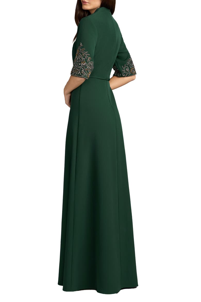 Petite Green Scoop Neck Beaded Cuff Crepe Gown, Alternate, color, Deep Green