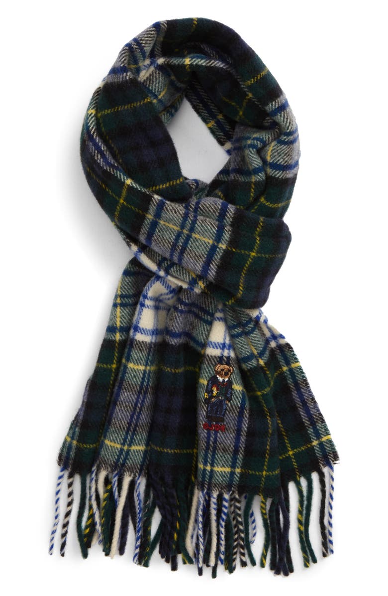 Polo Ralph Lauren Embroidered Bear Tartan Wool Scarf, Main, color, 