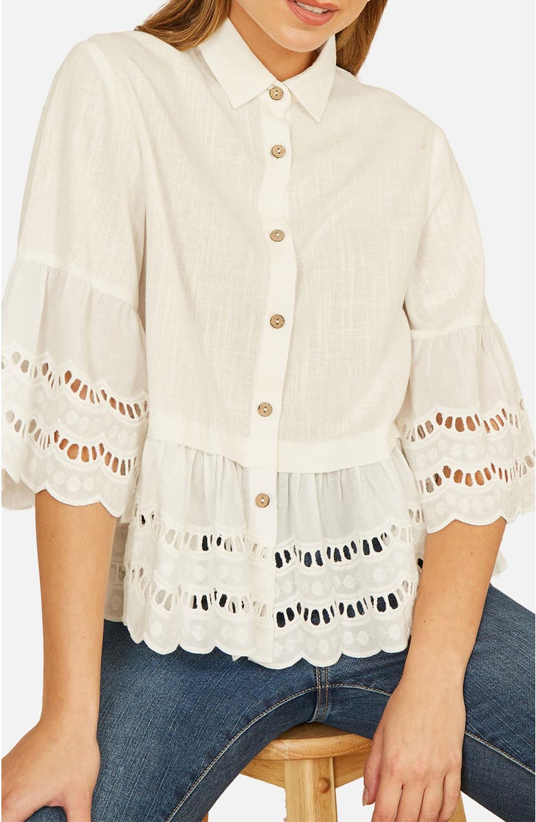 Yumi 34 Sleeve Relaxed Scallop Trim Shirt, Alternate, color, White