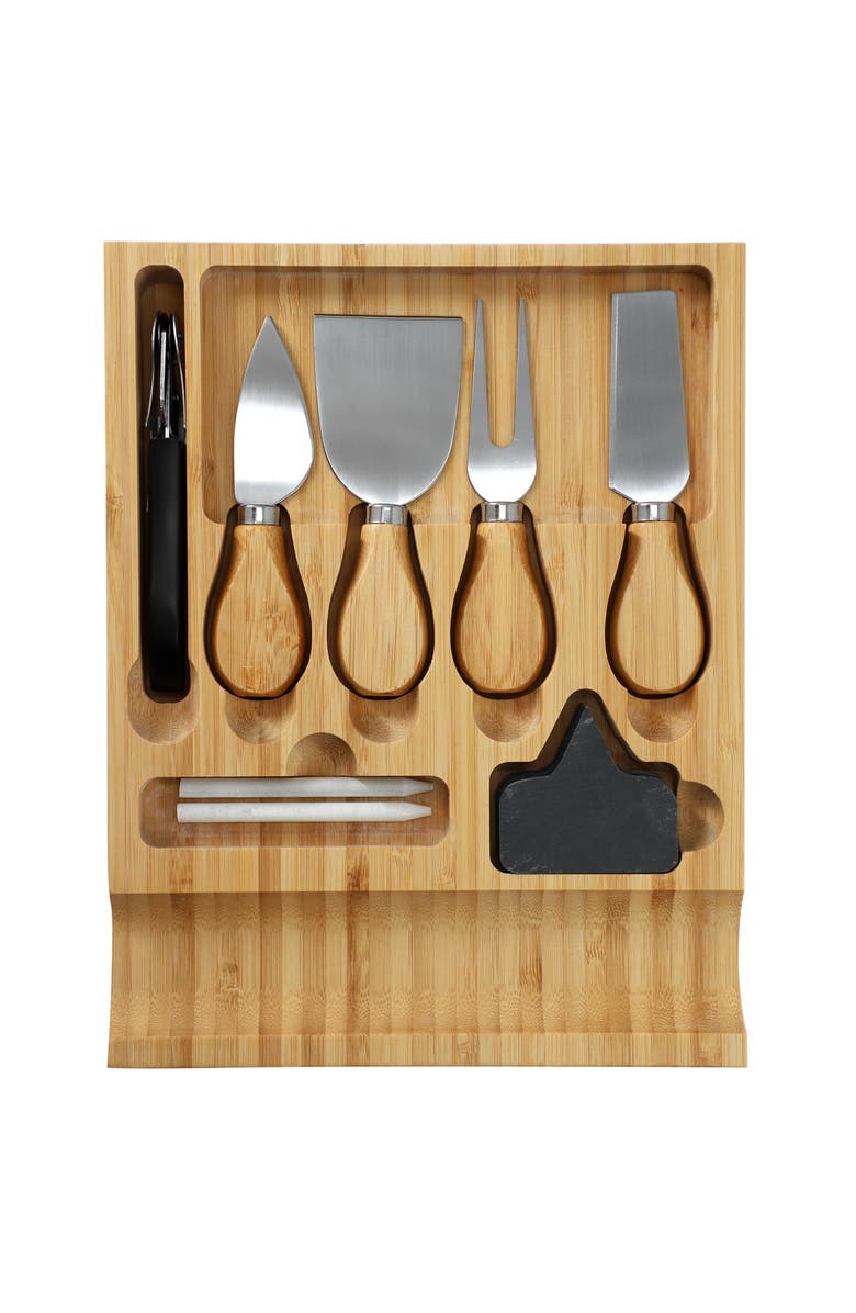 Megachef Wood Charcuterie Cheese Board with Slide Out Drawer with Cheese Utensils, Bottle Opener, and 3 Piece Mini Chalkboard Set, Alternate, color, Bamboo