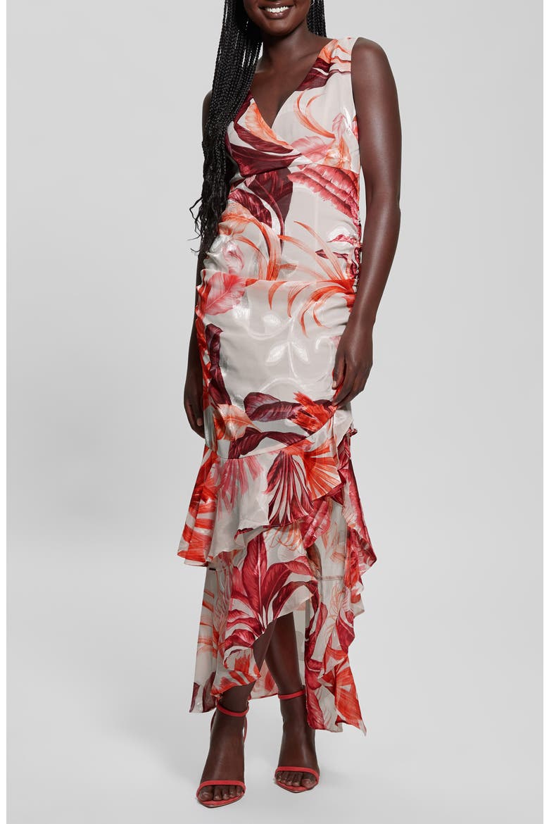 Ava Ruched Ruffle Sleeveless Maxi Dress, Main, color, TROPIC ECLIPSE PRINT CORAL