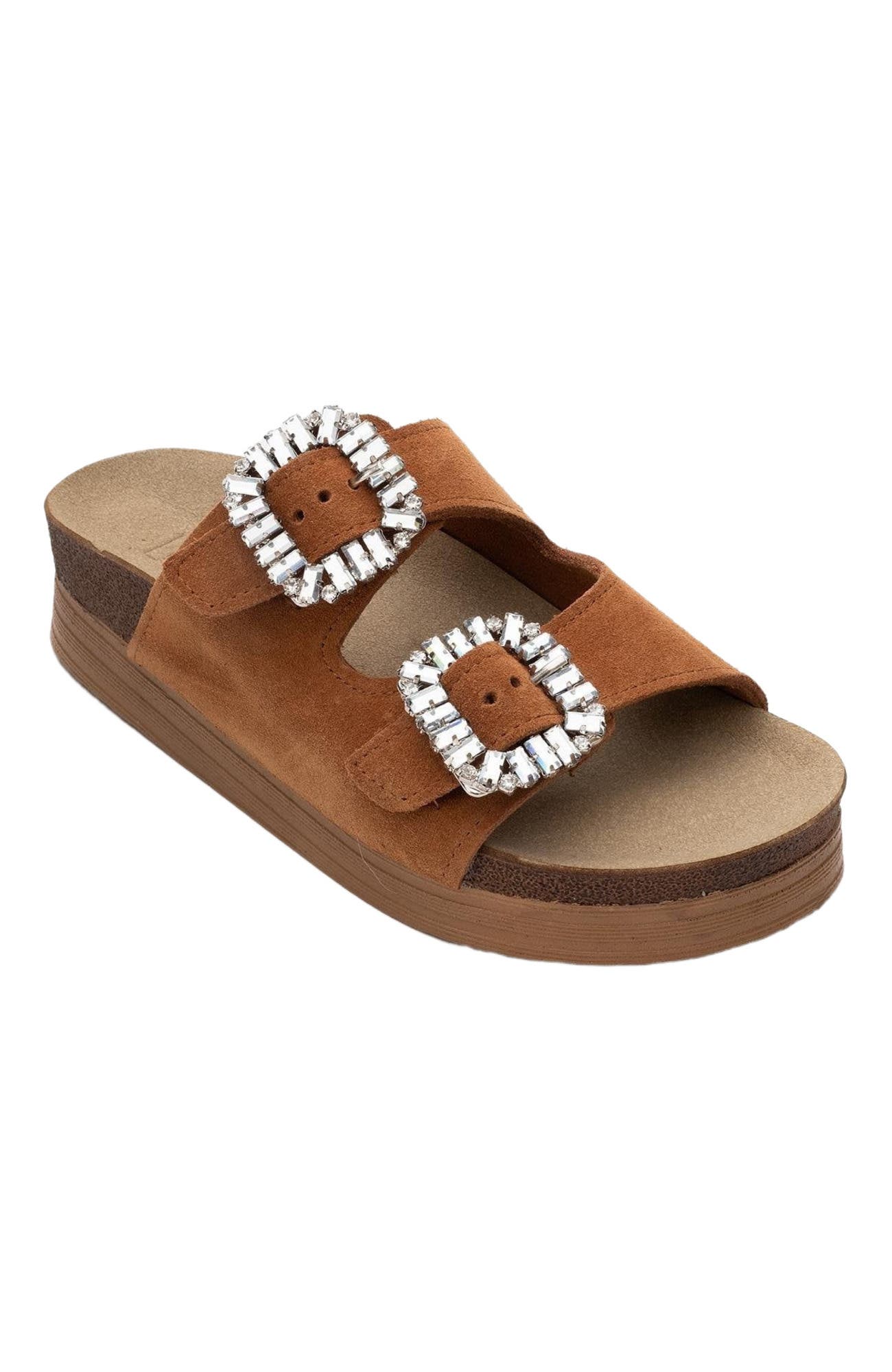 Forever & Always Shoes Polacca Leather Slide Sandal, Alternate, color, Cognac Brown Suede Leather