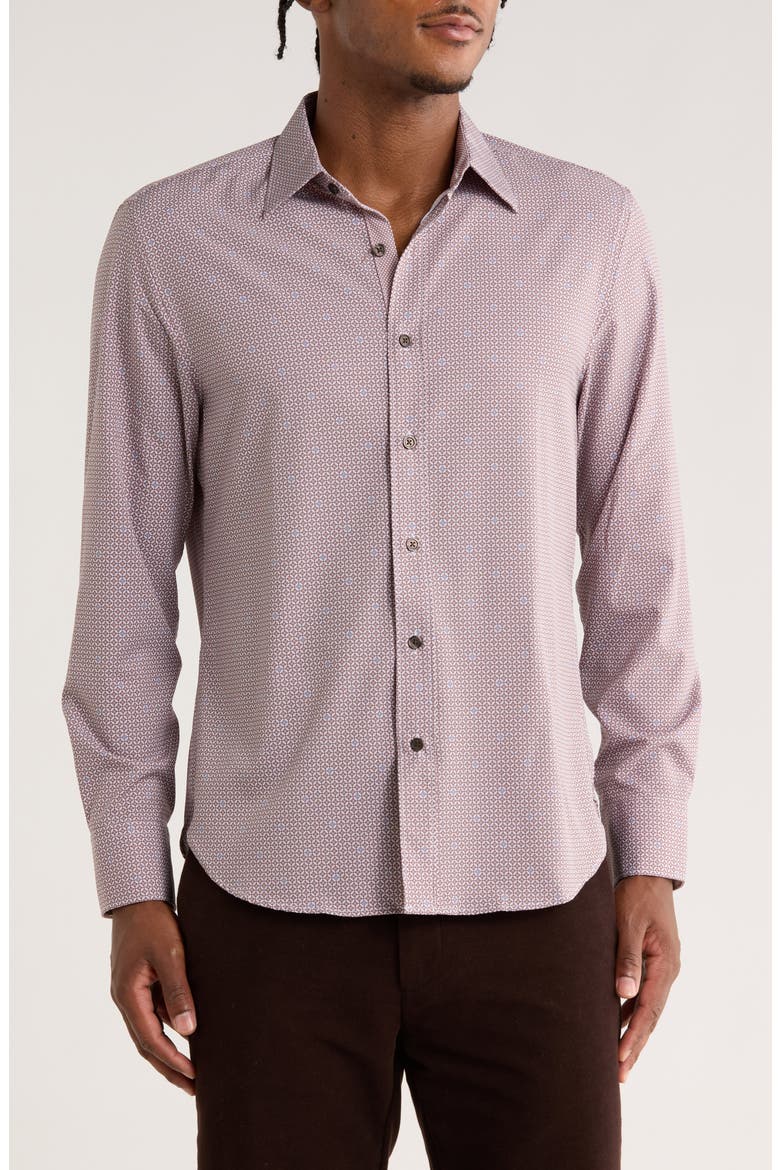 Geometric Print Slim Fit Stretch Button-Up Shirt, Main, color, BROWN/ BLUE