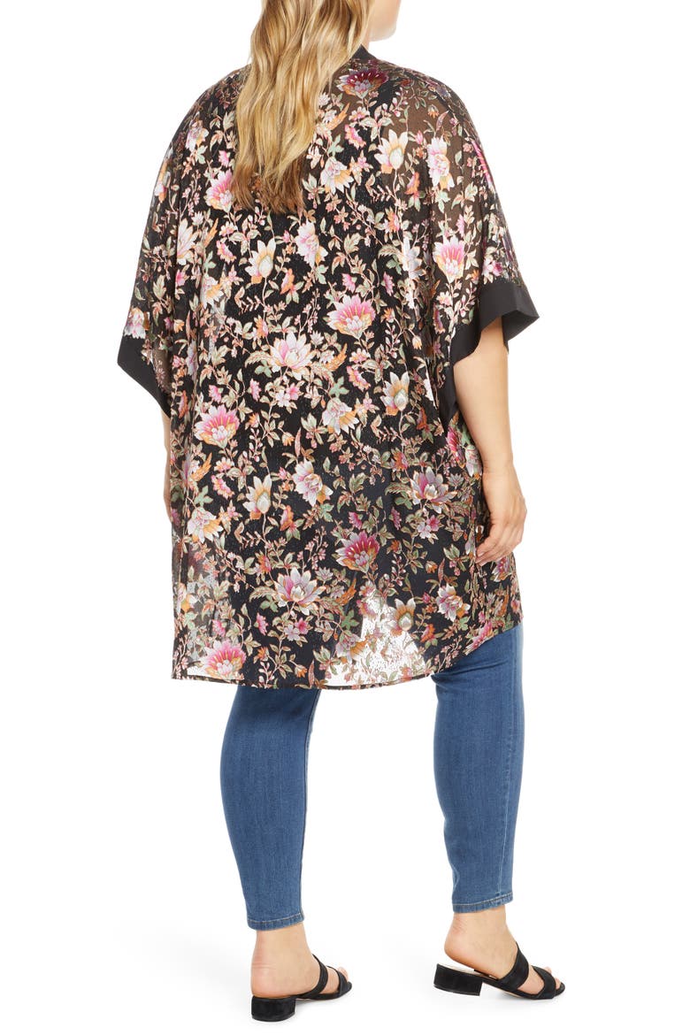 Daniel Rainn Floral Satin Burnout Open Front Topper, Alternate, color, BLACK