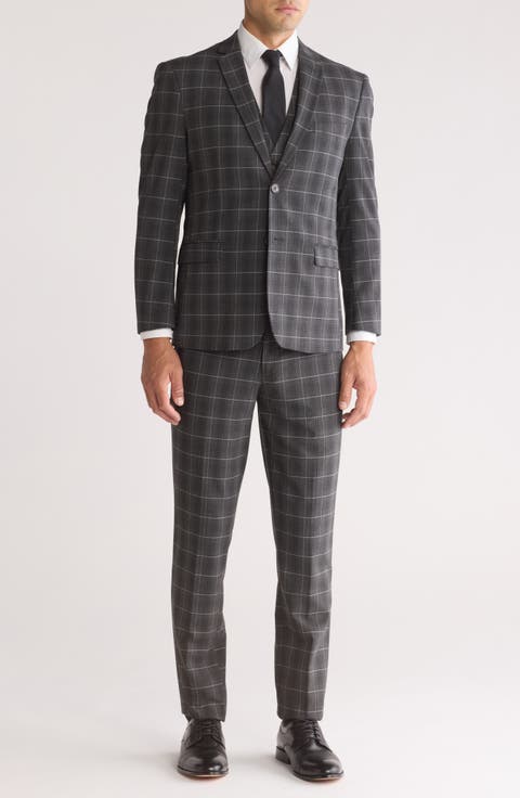 Slim Fit Stretch Windowpane Three-Piece Suit (Regular & Big)