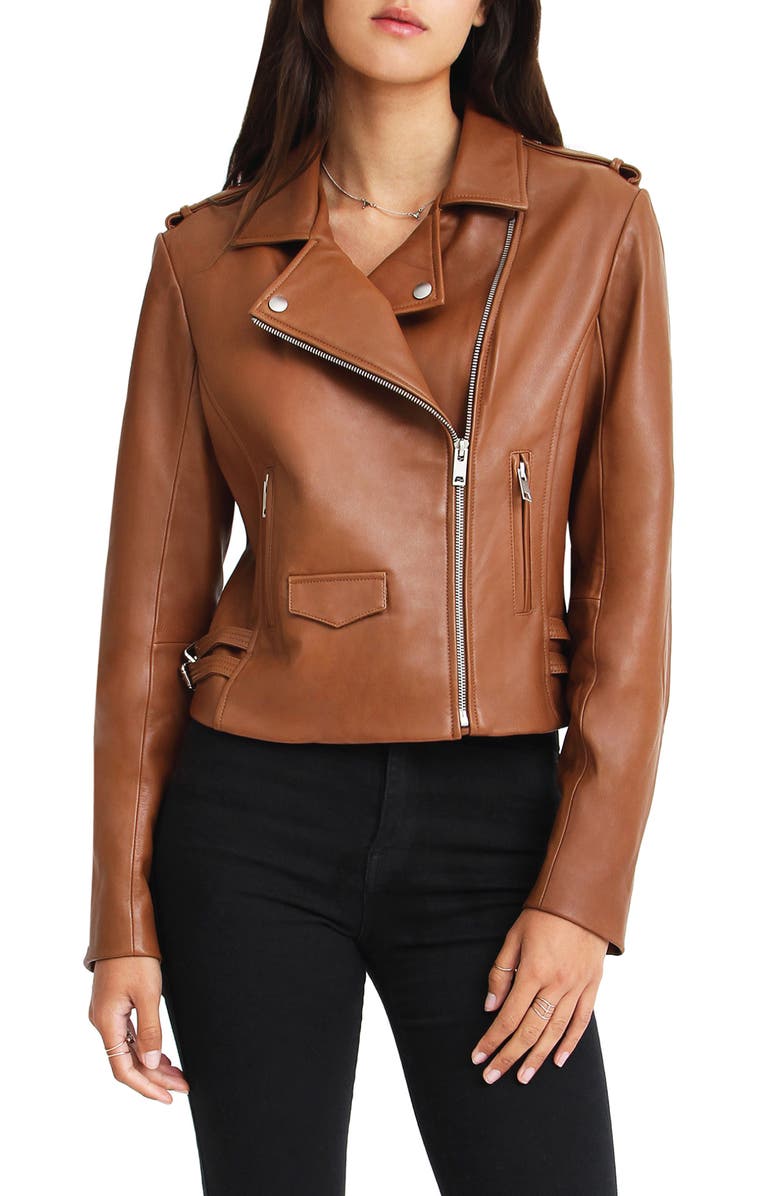Belle & Bloom Just Friends Leather Moto Jacket, Main, color, Brown