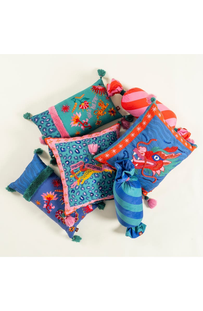 Zsa Zsa Zsu Hansi Bias-Cut Ruffled 100% Polyester Velvet Cushion 7X24 In, Alternate, color, Blue-Green