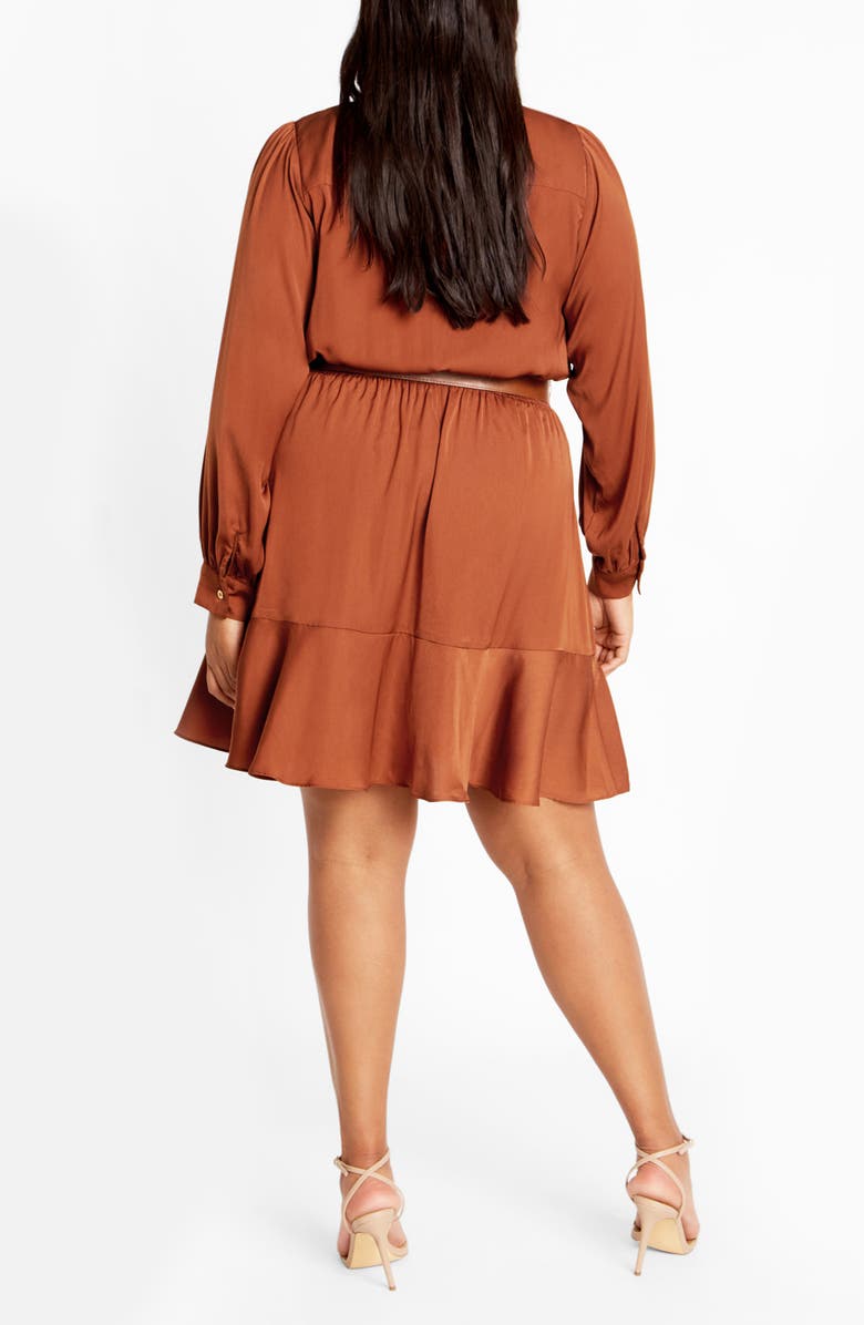 City Chic Oki Belted Long Sleeve Satin Shirtdress, Alternate, color, Toffee