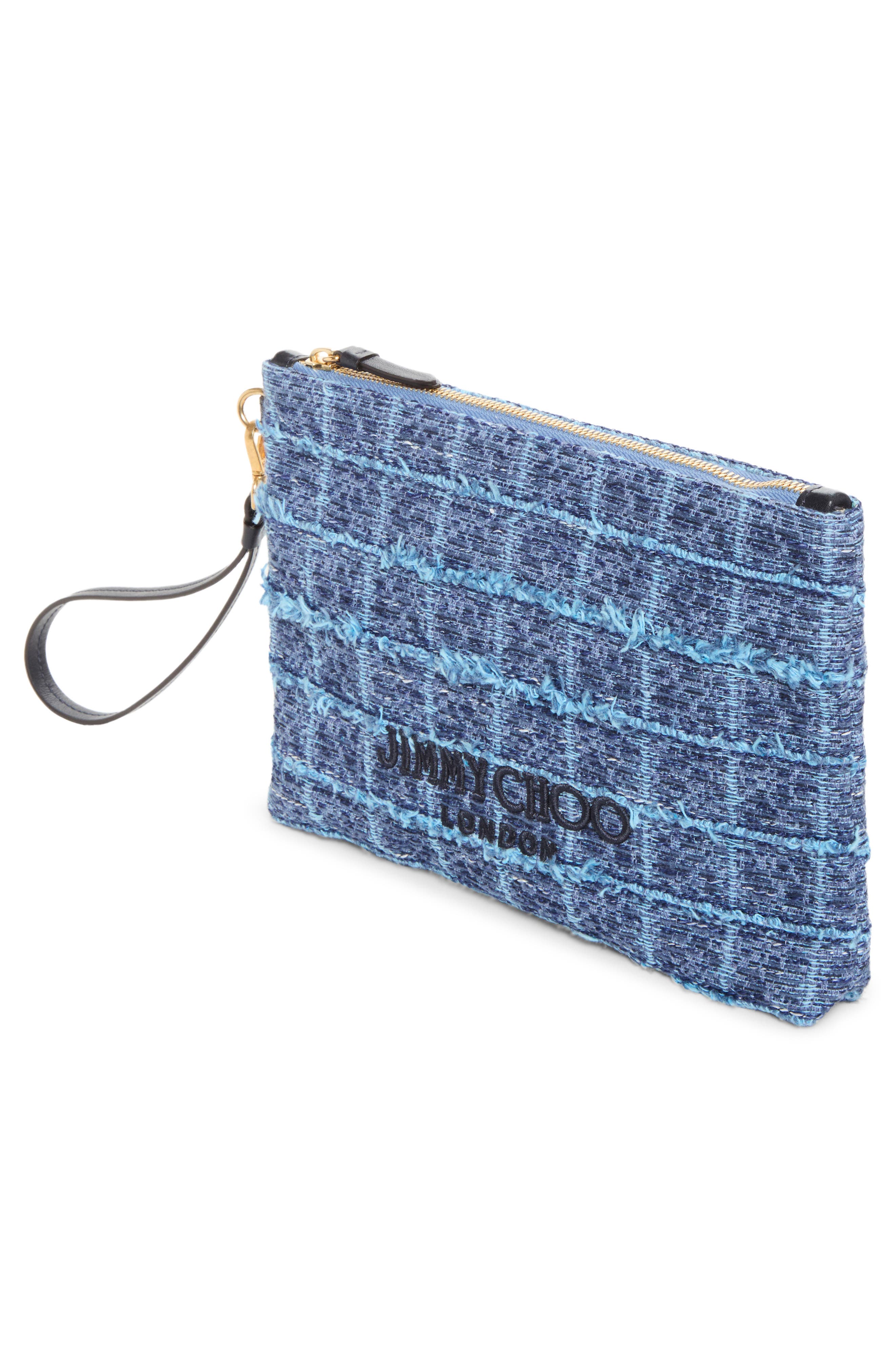 Flat Zip Pouch, Alternate, color, DENIM GRID/ LIGHT GOLD