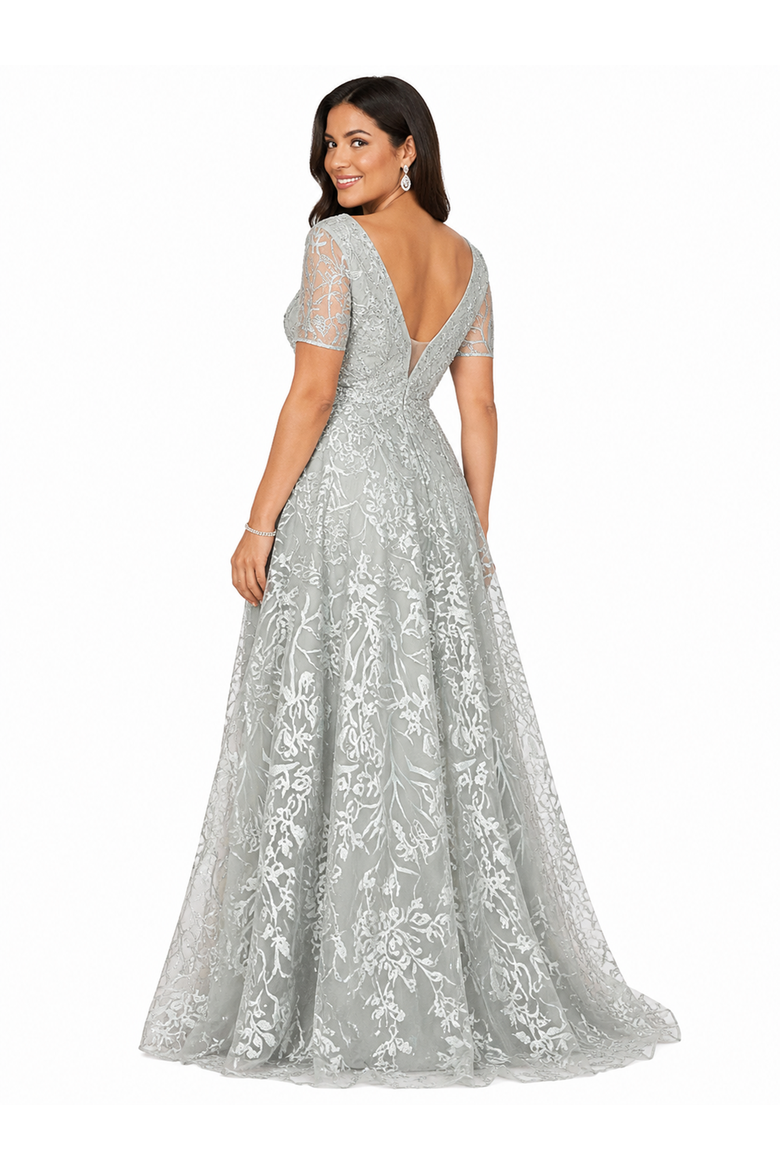 Short Sleeve Lace A-Line Dress with V-Neckline, Alternate, color, Dusty Blue/Green
