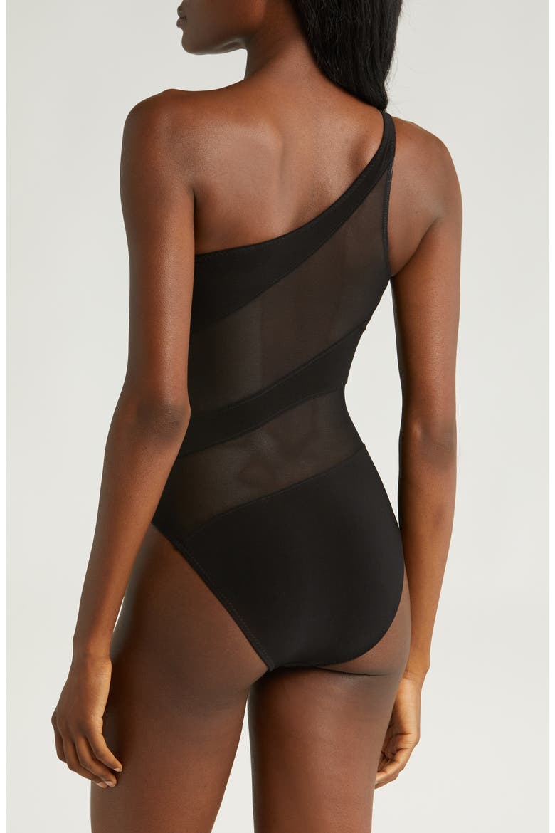 Snake Mesh One-Shoulder Swimsuit, Alternate, color, BLACK