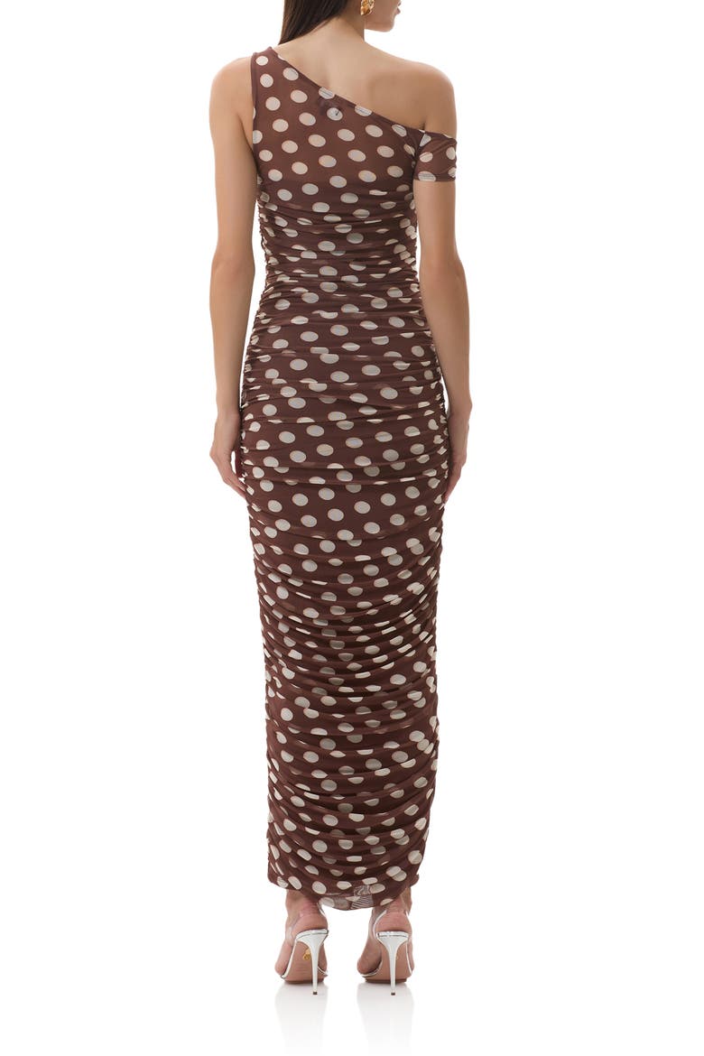 Biona Printed One-Shoulder Ruched Mesh Maxi Dress, Alternate, color, CHOCOLATE HALO DOT
