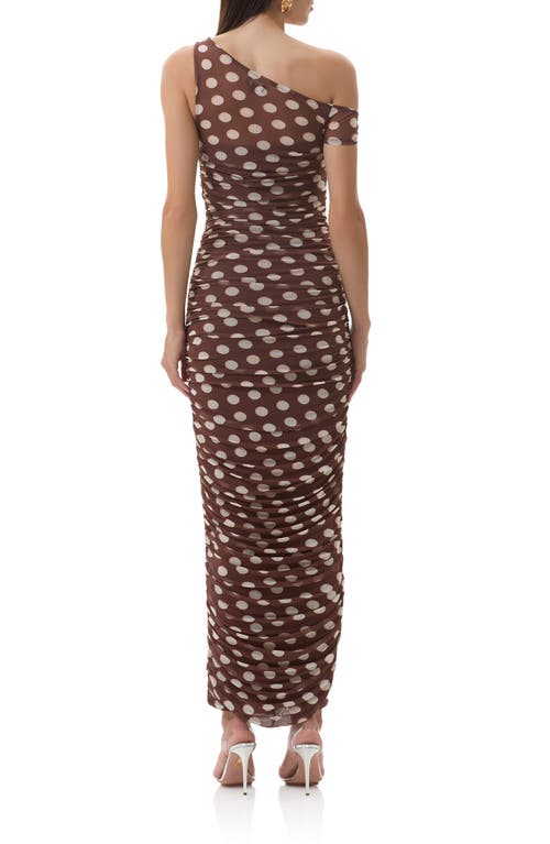 Afrm Biona Printed One-shoulder Ruched Mesh Maxi Dress In Brown
