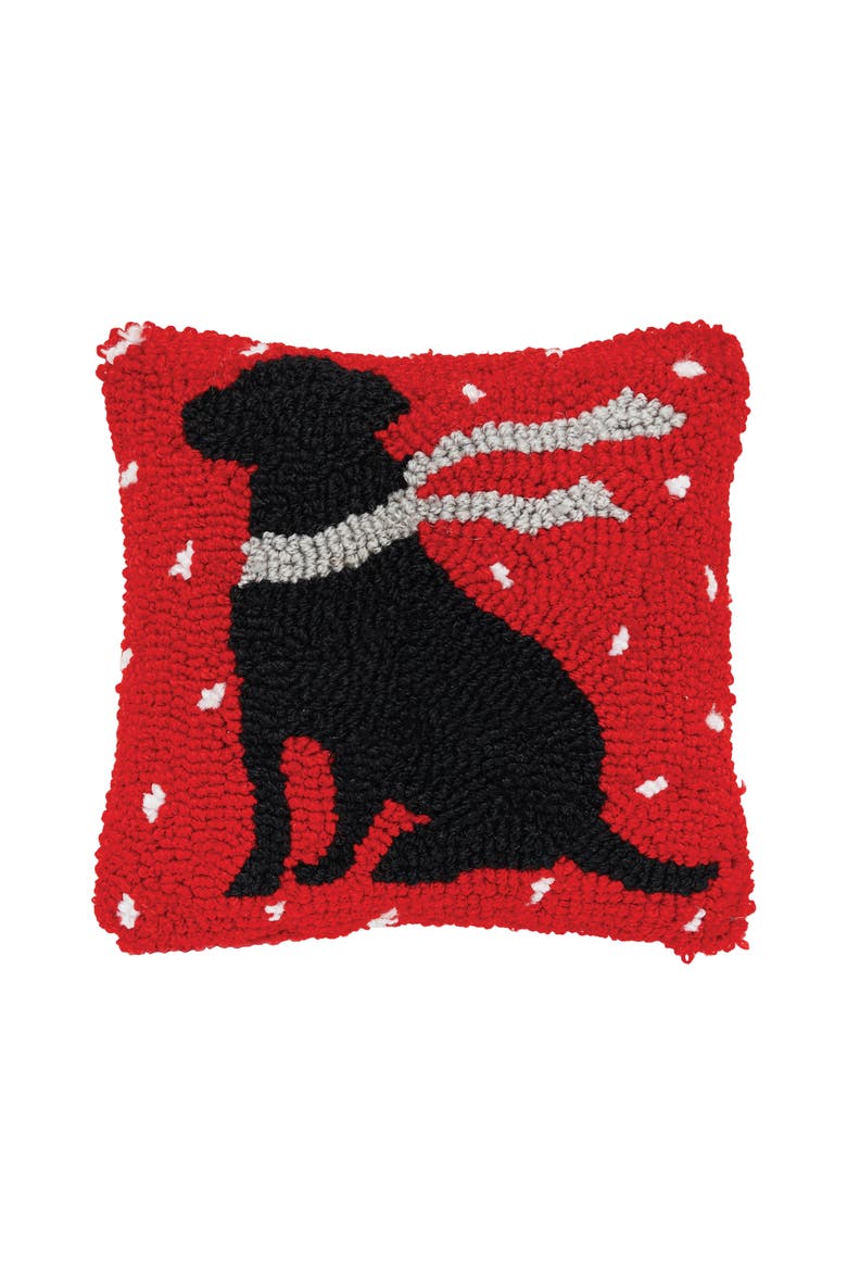 Winter Christmas Black Dog with Scarf Silhouette Mini Hooked Accent Pillow 8" x 8", Main, color, Red