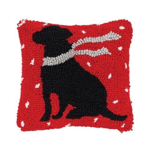 Winter Christmas Black Dog with Scarf Silhouette Mini Hooked Accent Pillow 8" x 8"