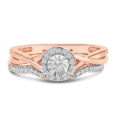 14K Rose Gold Plated Sterling Silver 1/6 Cttw Diamond Round Halo Bridal Set