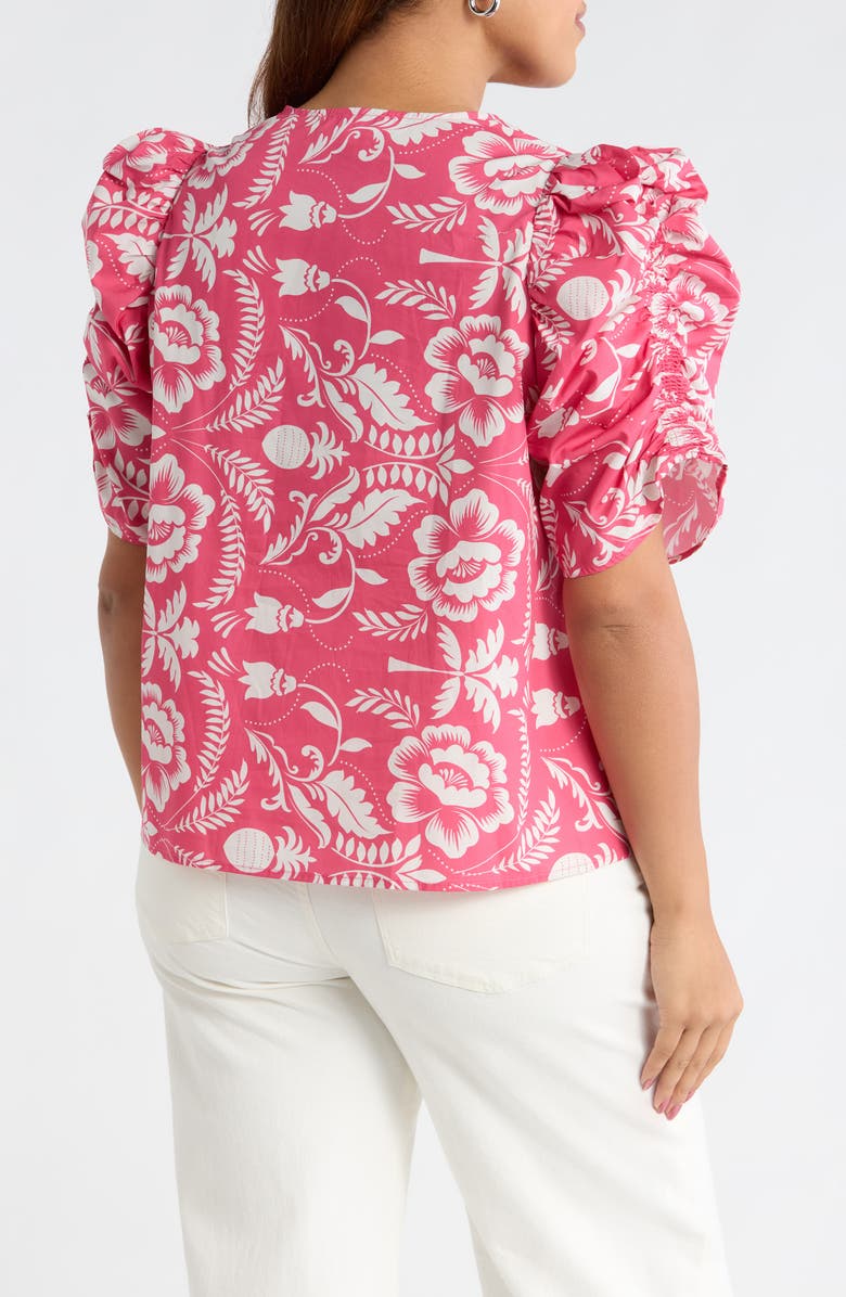 SUGARLIPS Rania Floral Chancellor Ruched Sleeve Cotton Top, Alternate, color, Pink-White