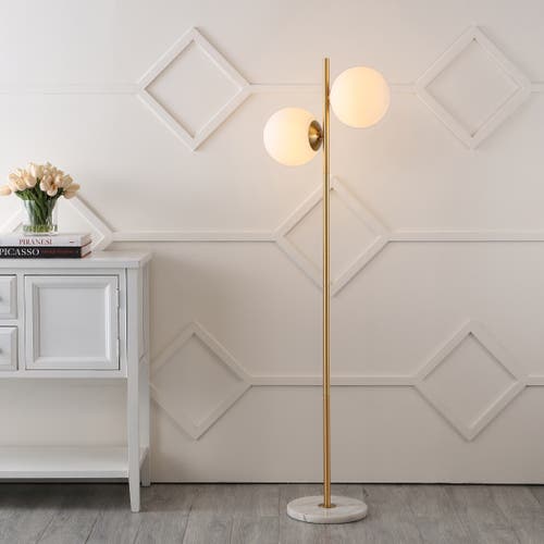 Jonathan Y Oscar 60.5" 2-light Modern Parisian Candlestick Iron Led Floor Lamp, Brass Gold/white In Brass Gold