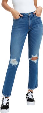 Good American Good Curve High Waist Distressed Straight Leg Jeans