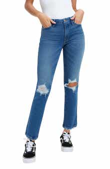 Good American Good Curve High Waist Distressed Straight Leg Jeans