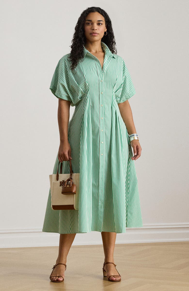 Lauren Ralph Lauren Stripe Gathered Waist Cotton Shirtdress, Alternate, color, Green/ White Multi