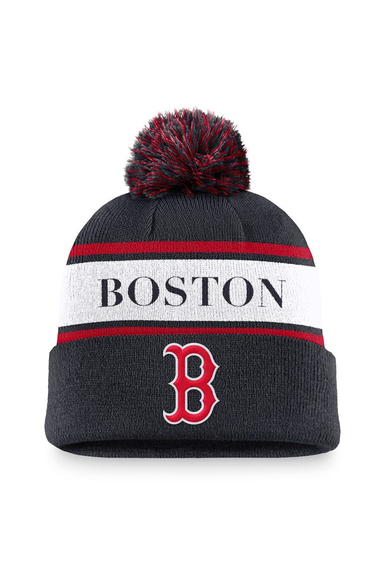 Men's Nike Navy Boston Red Sox Team Stripe Peak Cuffed Knit Hat with Pom, Main, color, Navy