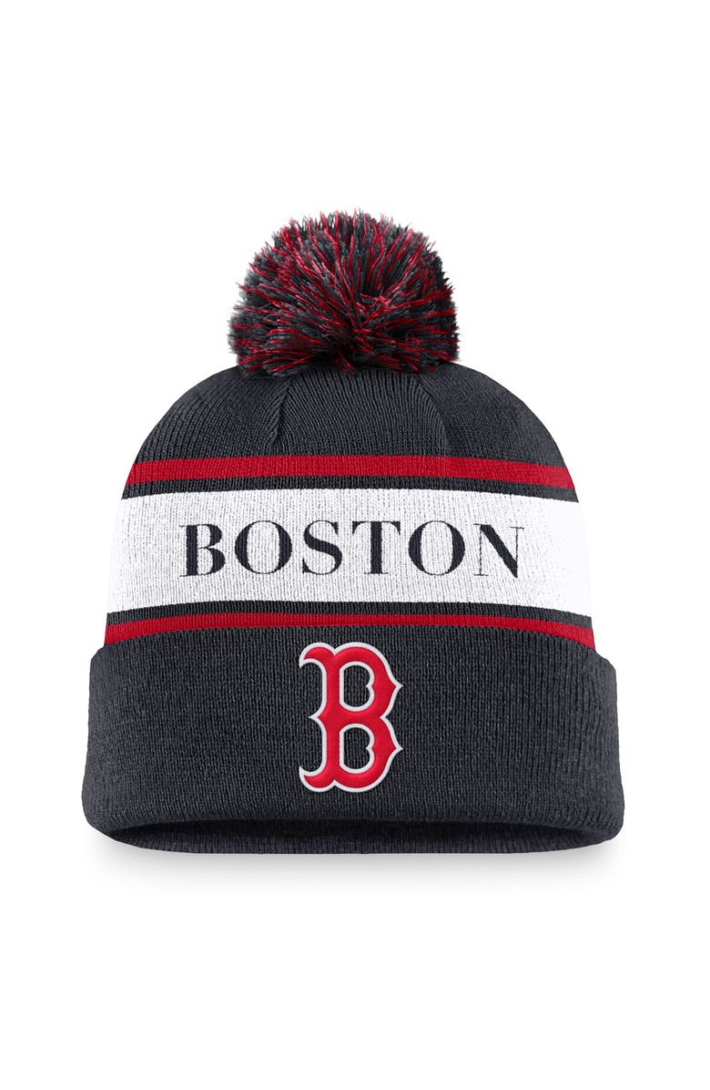 Nike Men's Nike Navy Boston Red Sox Team Stripe Peak Cuffed Knit Hat with Pom, Main, color, Navy