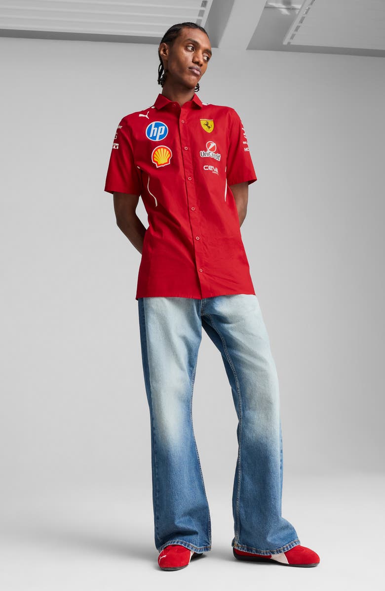 PUMA Scuderia Ferrari 2025 Team Short Sleeve Stretch Cotton Poplin Button-Up Shirt, Alternate, color, Dark Cherry