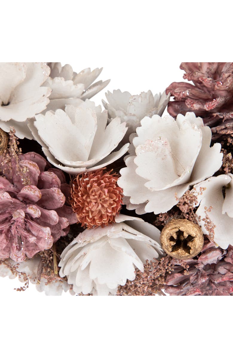 Northlight 13" White and Pink Wooden Floral Christmas Wreath with Pinecones, Alternate, color, White