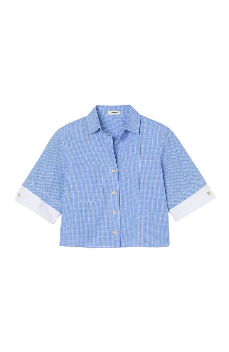 SANDRO Cropped small-check shirt, Alternate, color, Ciel / Blanc