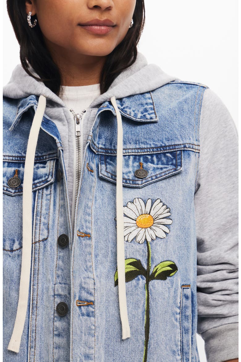 Mixed Media Denim & Cotton Fleece Hoodie, Alternate, color, BLUE