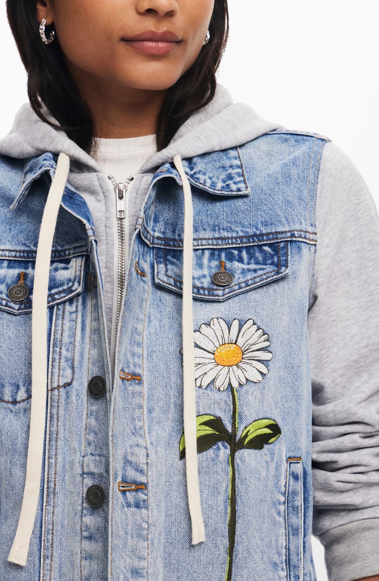 Desigual Mixed Media Denim & Cotton Fleece Hoodie, Alternate, color,