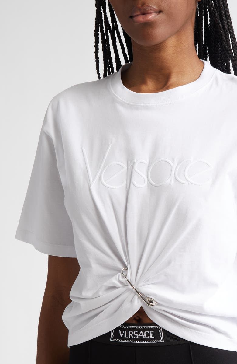 Versace Embroidered Logo Safety Pin Crop Cotton T-Shirt, Alternate, color, Optical White