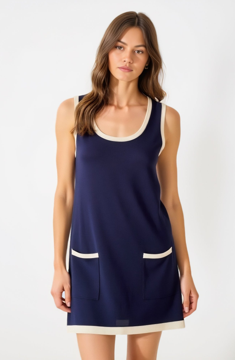 Modenaire Sleeveless Knit Mini Dress with Contrast Trim and Front Pockets, Alternate, color, Navy Blue