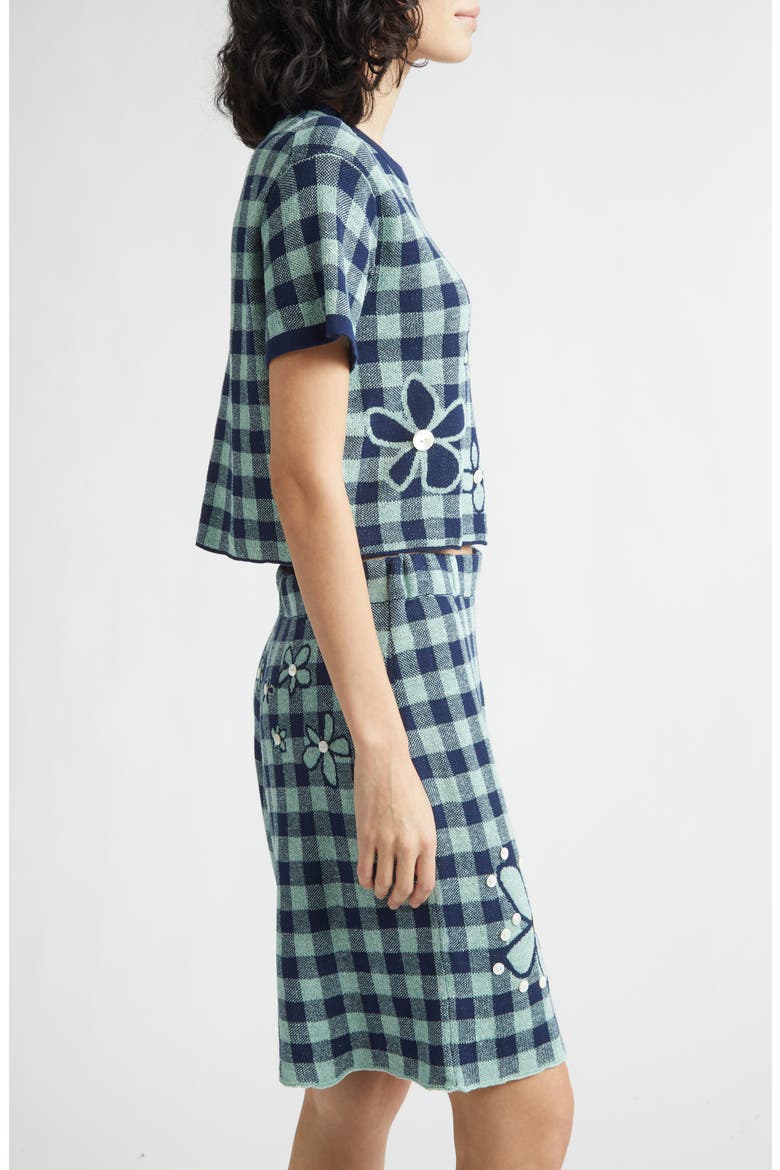 Gingham Flower Cotton & Linen Blend Jacquard Sweater, Alternate, color, MINT/ MIDNIGHT