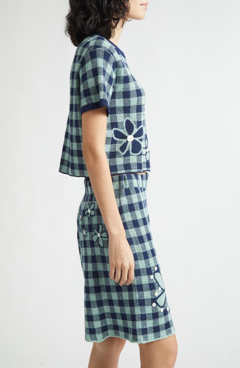 YanYan Gingham Flower Cotton & Linen Blend Jacquard Sweater, Alternate, color, Mint/ Midnight