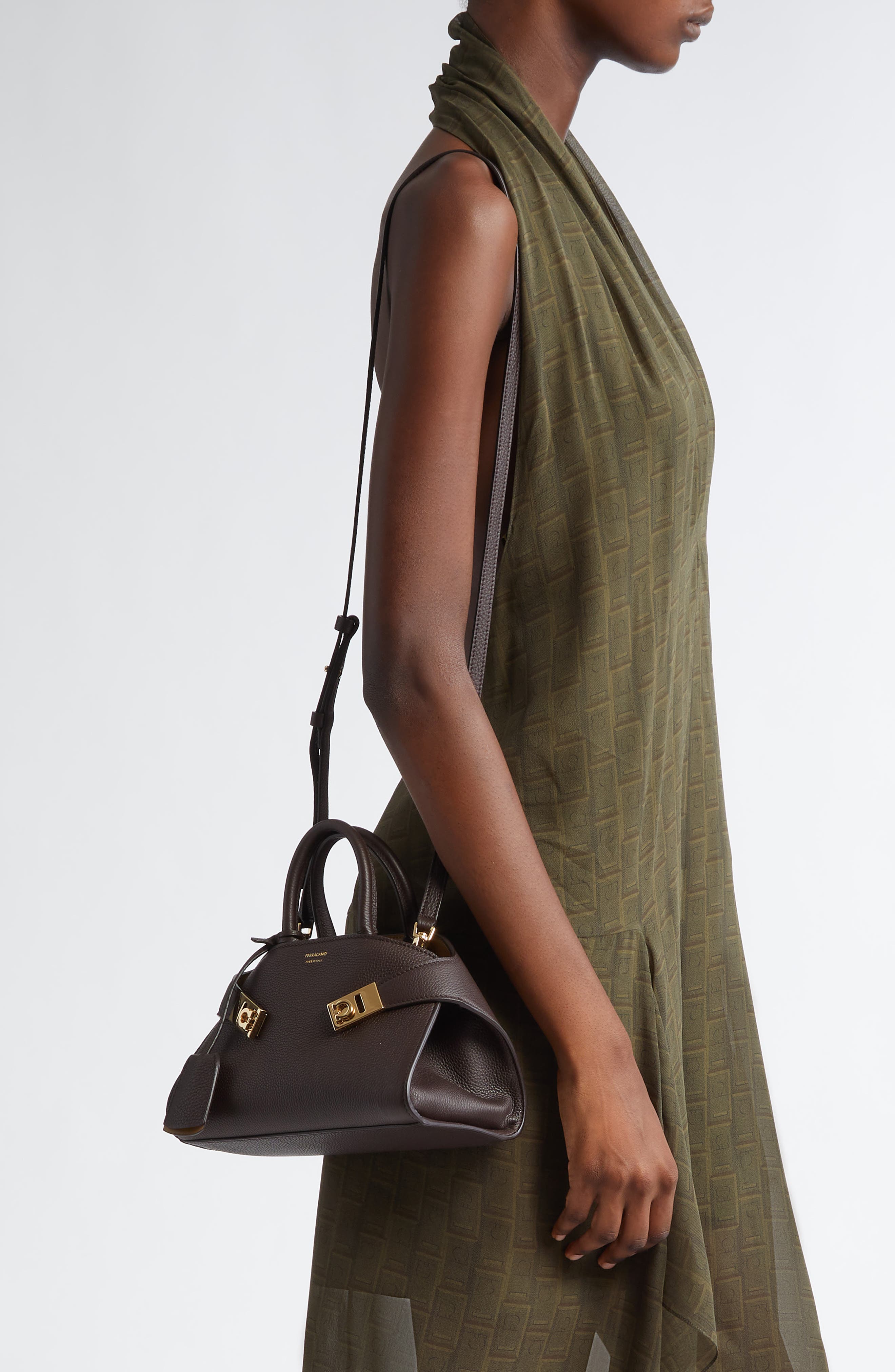 FERRAGAMO Mini Hug Soft Leather Top Handle Bag, Alternate, color, Testa Di Moro