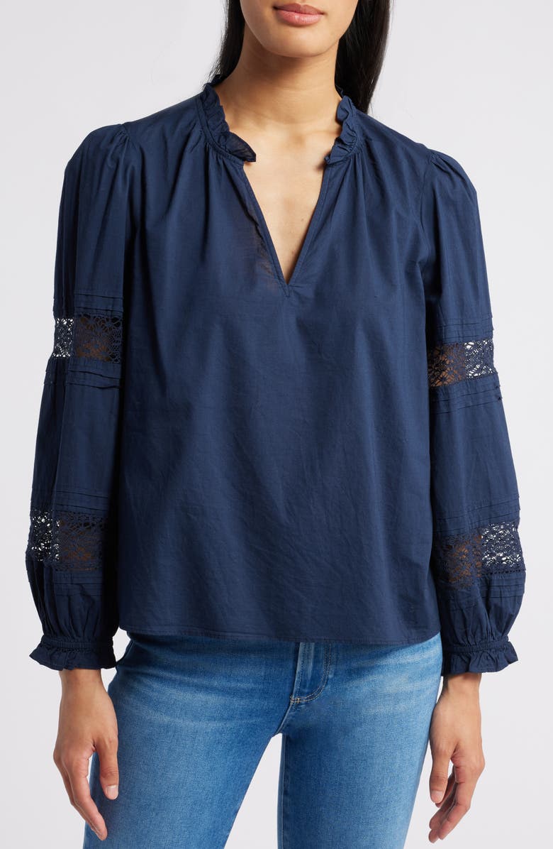 Caslon<sup>®</sup> Lace Inset Long Sleeve Cotton Top, Main, color, 