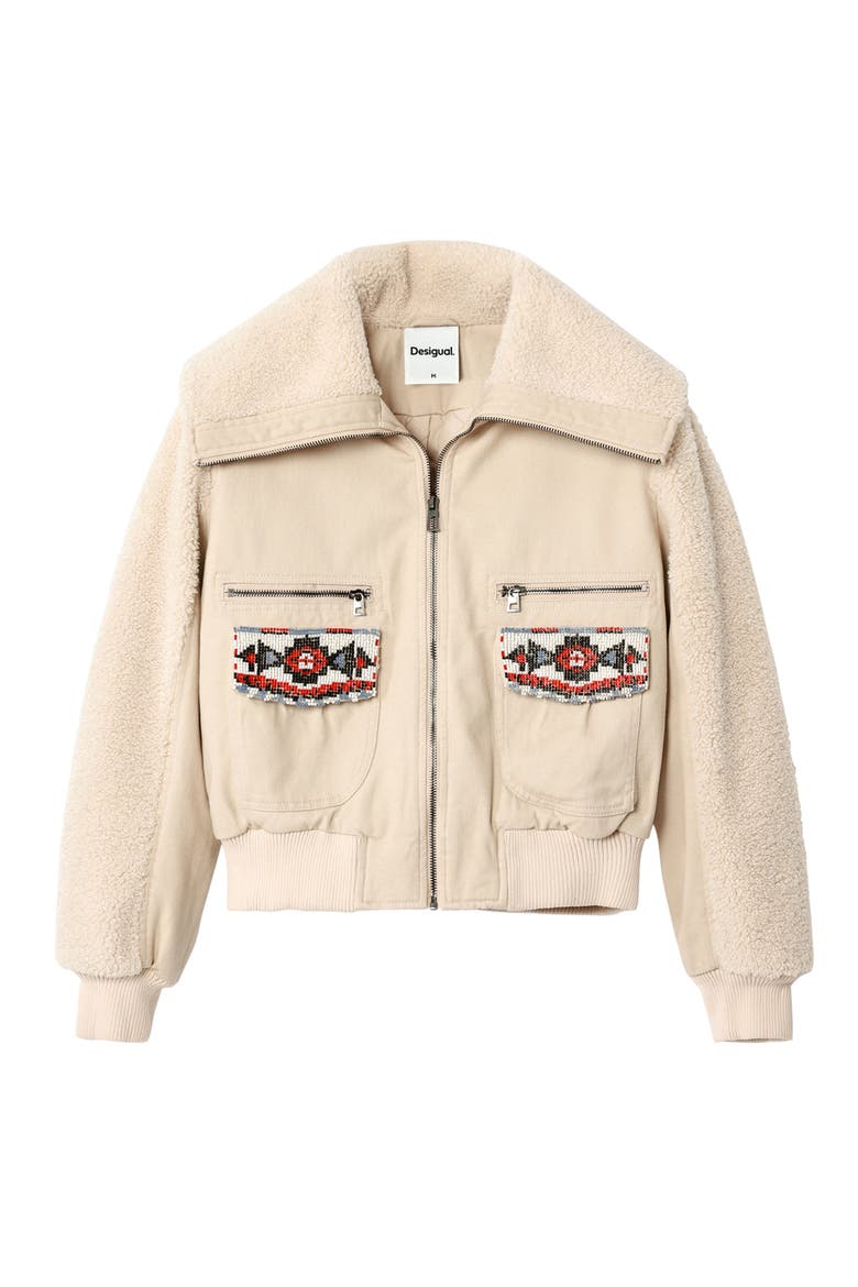 Chaq Roma Faux Shearling Crop Bomber Jacket, Alternate, color, WHITE