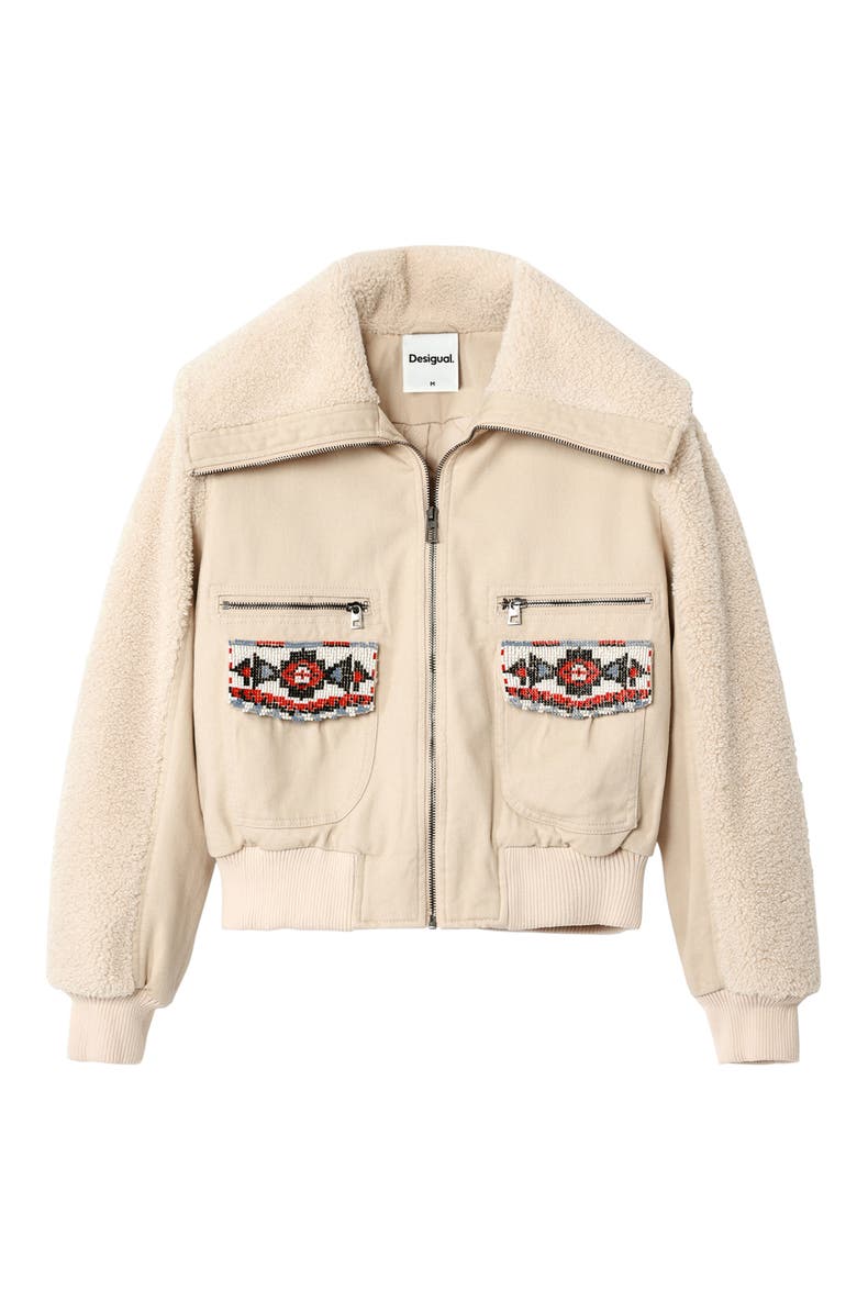 Desigual Chaq Roma Faux Shearling Crop Bomber Jacket, Alternate, color,