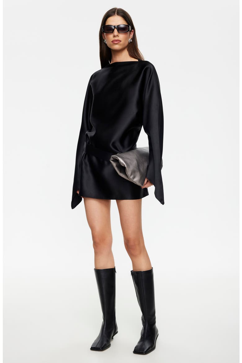 Touch Long Sleeve Satin Minidress, Alternate, color, NOIR