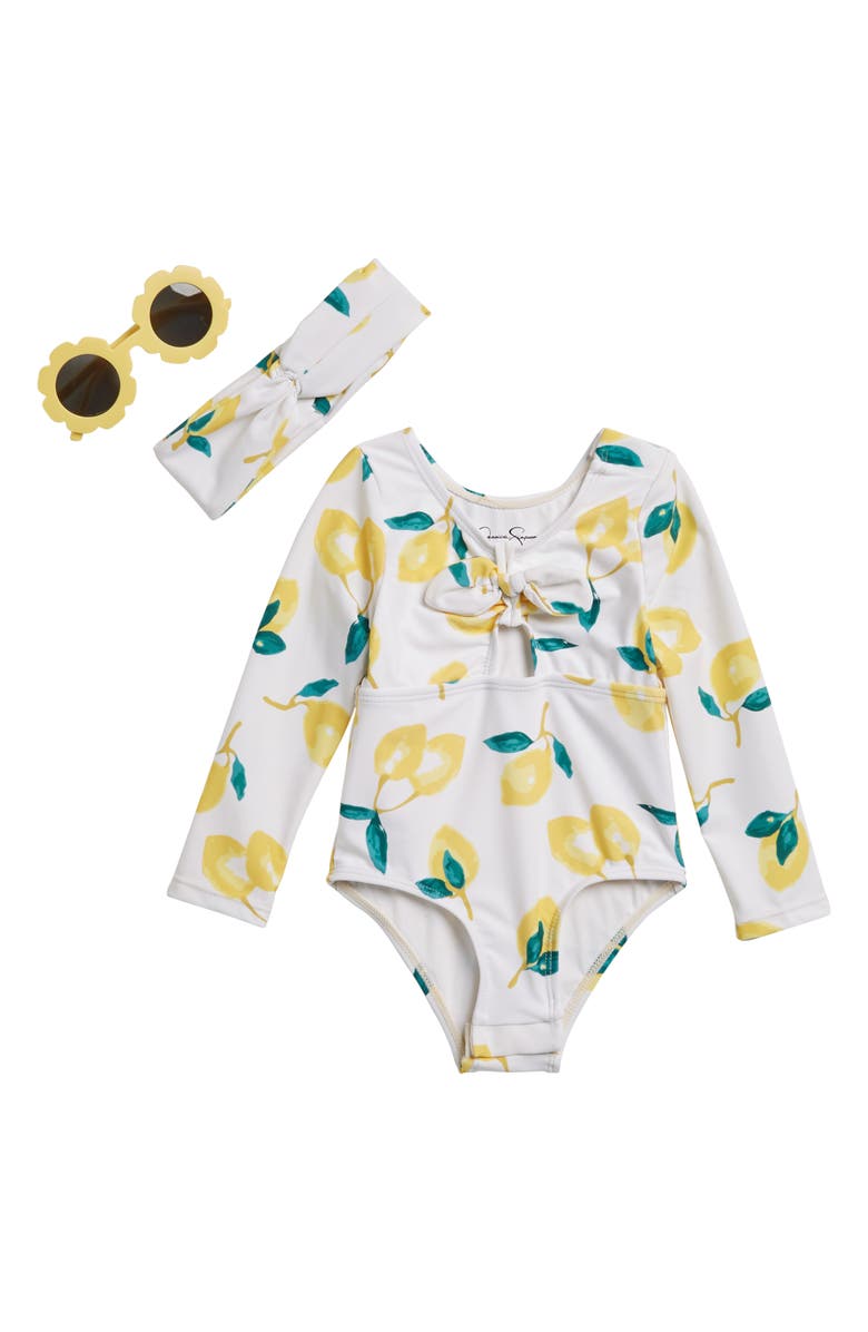 Jessica Simpson Kids' One-Piece Rashguard Swimsuit, Headband & Sunglasses Set, Main, color, 