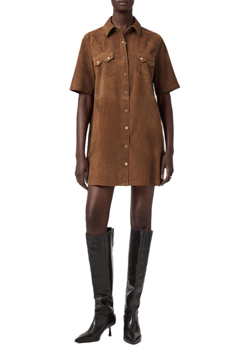 Rock Western Leather Mini Shirtdress, Main, color, SUGAR BROWN