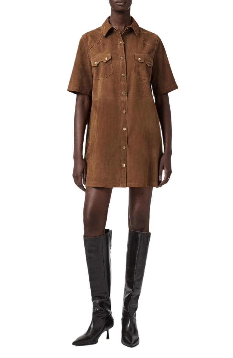 AllSaints Rock Western Leather Mini Shirtdress, Main, color, 