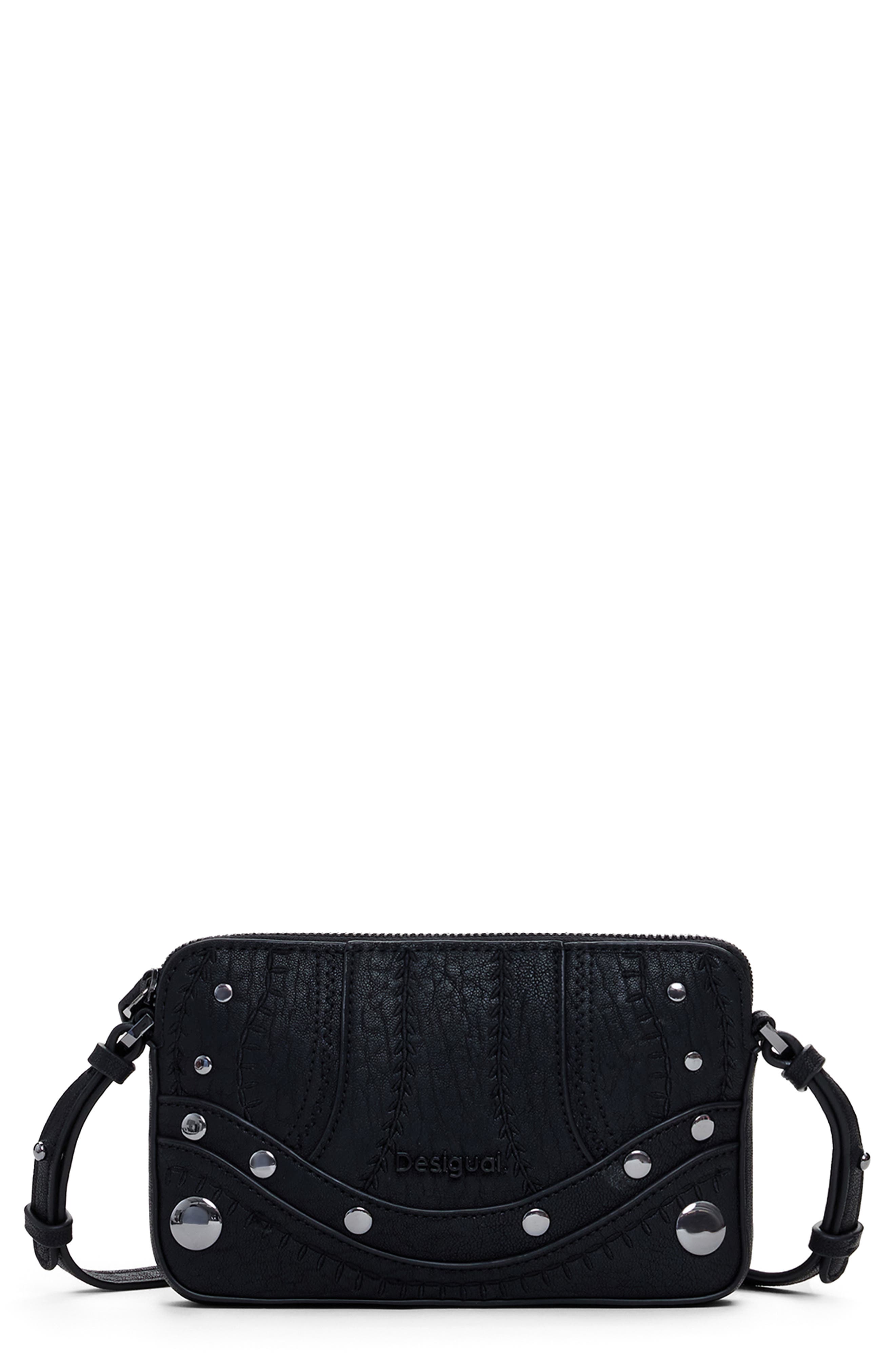 Desigual Embroidered Faux Leather Crossbody Bag, Main, color, Black