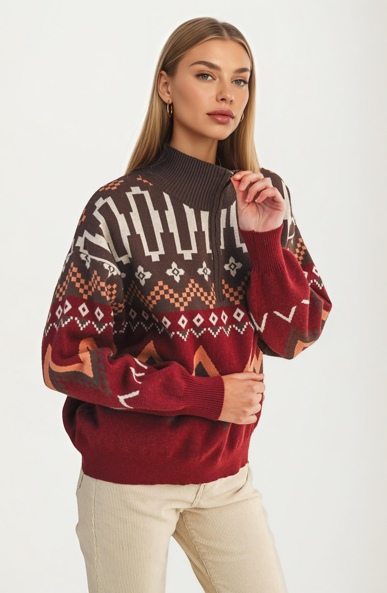 Knit and Lounge Half-Zip Geometric Sweater, Alternate, color, Rust / Terracotta